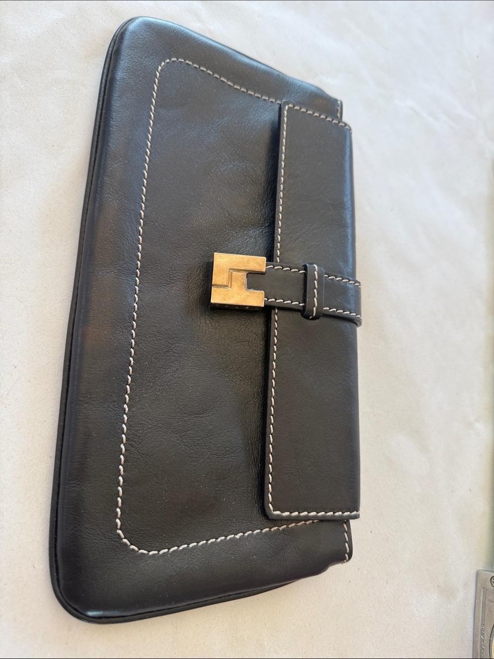 Black Leather Clutch with Gold-Tone Buckle